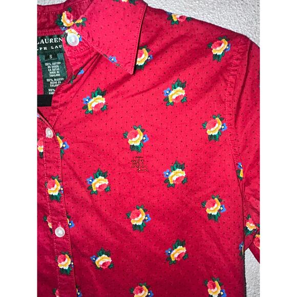 Lauren Ralph Lauren Red Floral Polka Dot Button Up Shirt Women’s Sz 8 Cotton - Picture 7 of 8